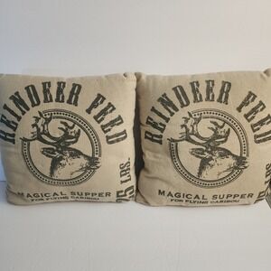 Set of 2 Burlap Reindeer Feed Decorative Throw Pillows Rustic Farmhouse